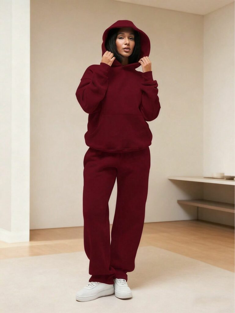 Christmas outfit ideas Model in a burgundy sweat suit