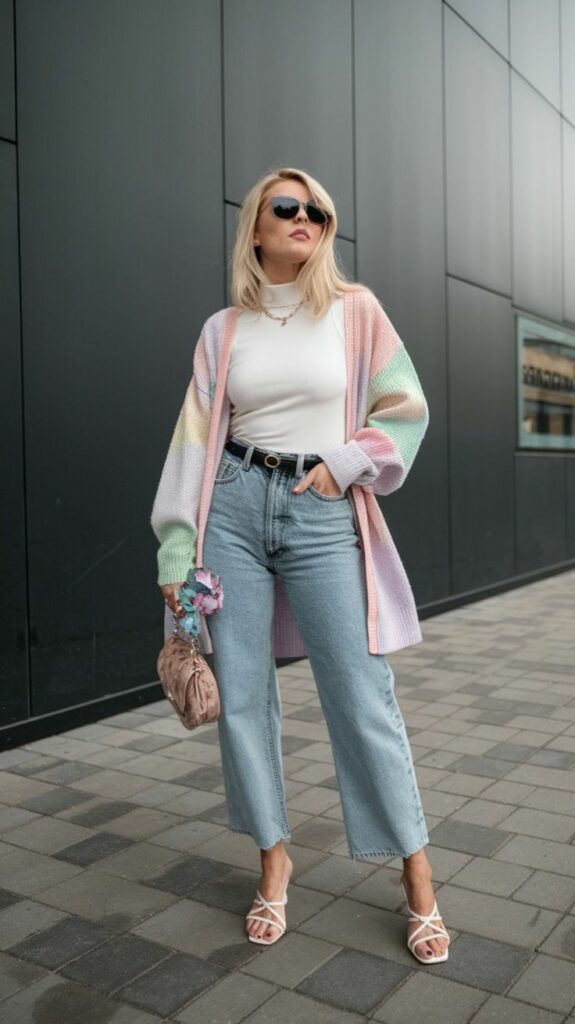 Model in tight white blouse, with capri jeans and midi gradient pastel sweater 