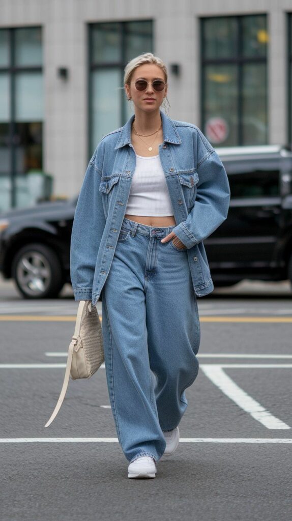 Model in white crop top jeans jacket and oversized jeans 