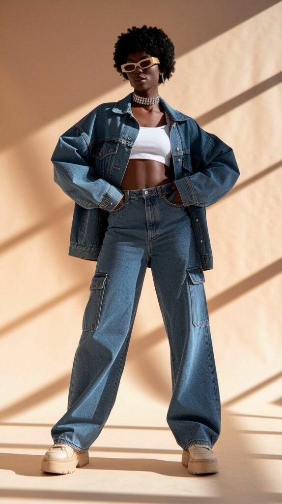 Model in crop top jeans jacket and pants 