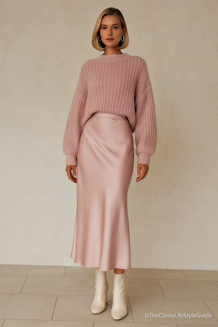Pink wool sweater paired with satin skirt