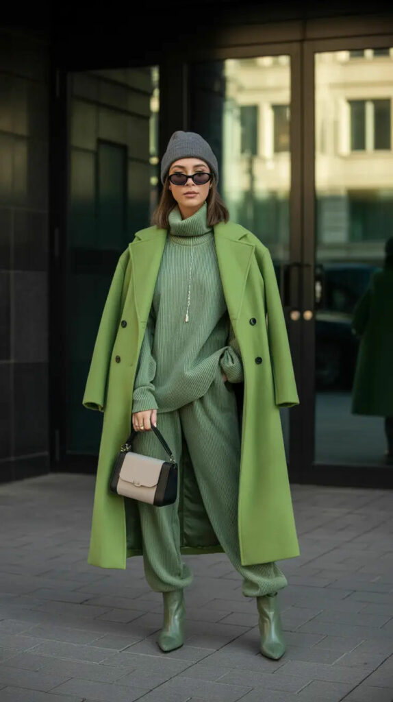 Model in green sweats and full length coat 