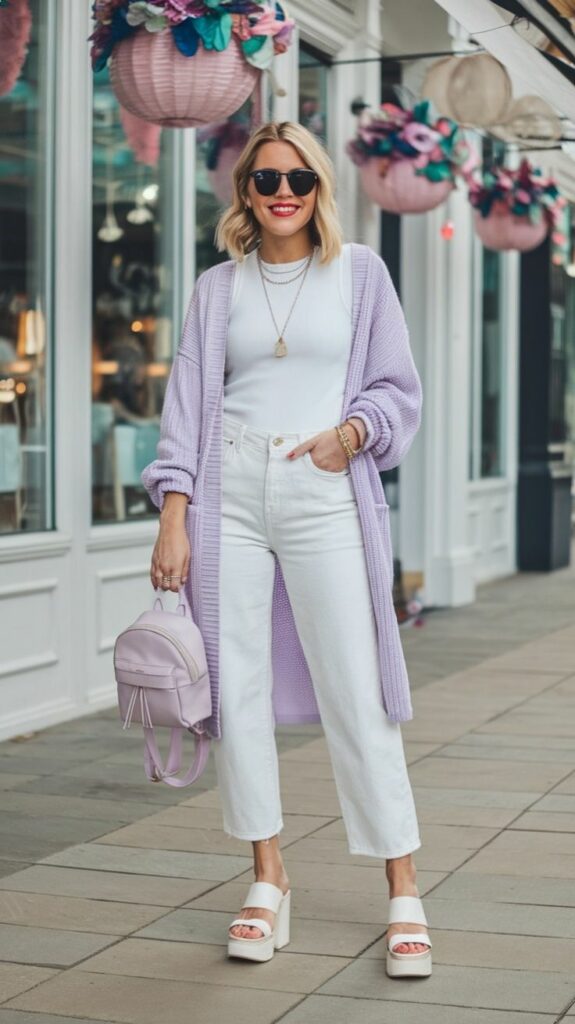 Model in white capris pants with tight white blouse and a midi sweater. fashion trends