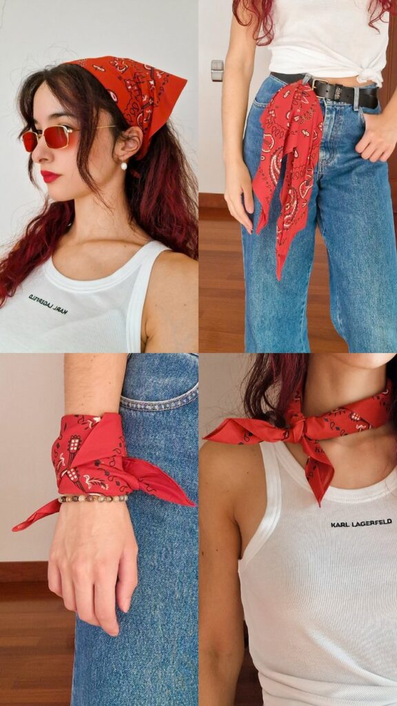various images of a model wearing a red bandana scarf