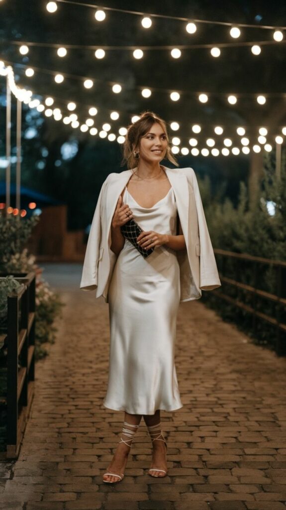 Model in simple sating slip dress with white balzer 