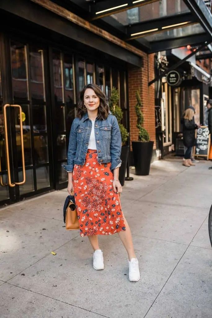 Denim jacket + White top + floral skirt