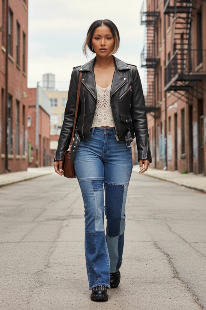 Denim Flared Jeans + Leather Jacket