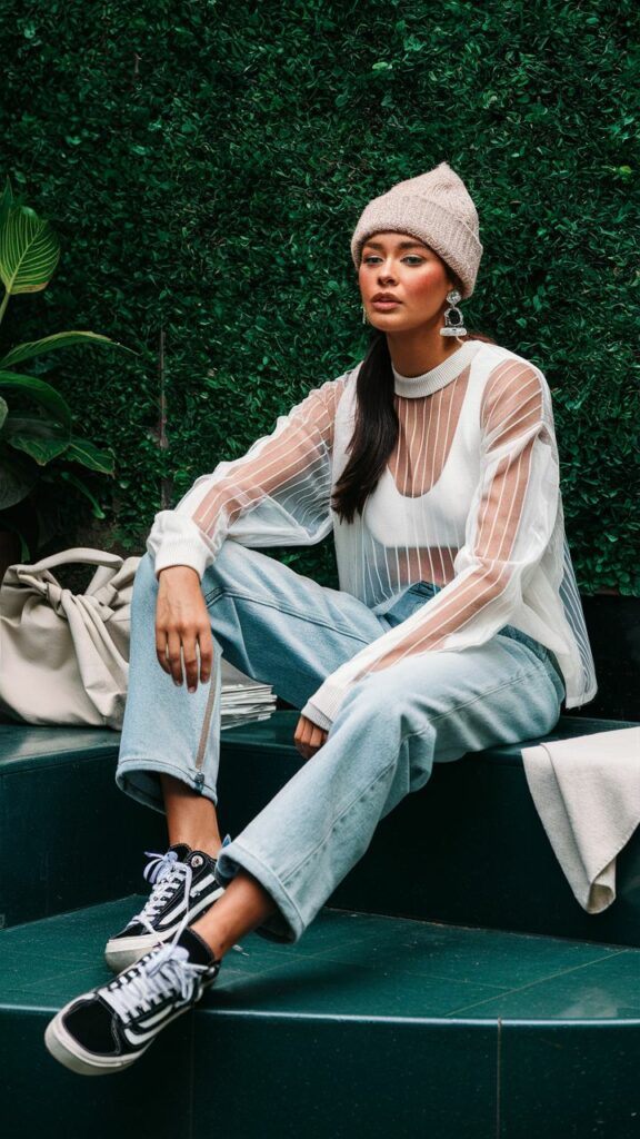 model wearing sheer top over a sports bra with a knit cap and oversized denim boyfriend jeans 