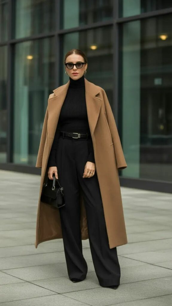 model in knit turtle neck sweater vorsized flare bottom slacks and full length wool coat 