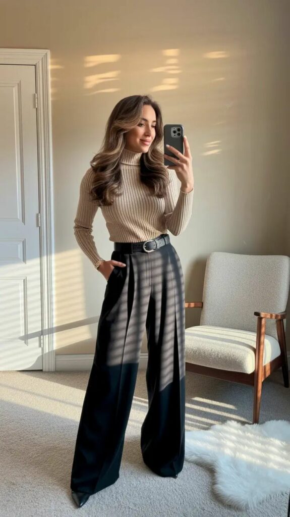 Gray slacks with a biege turtleneck sweater