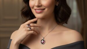 Model wearing Alexandrite gemstone rings and necklace