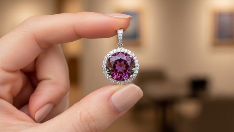 fingers holding Alexandrite gemstone pendant