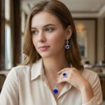 model wearing sapphire stone necklace