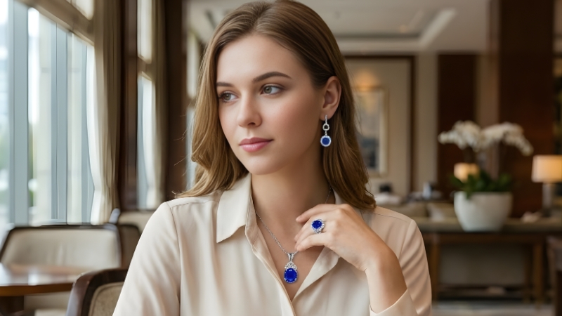 model wearing sapphire stone necklace