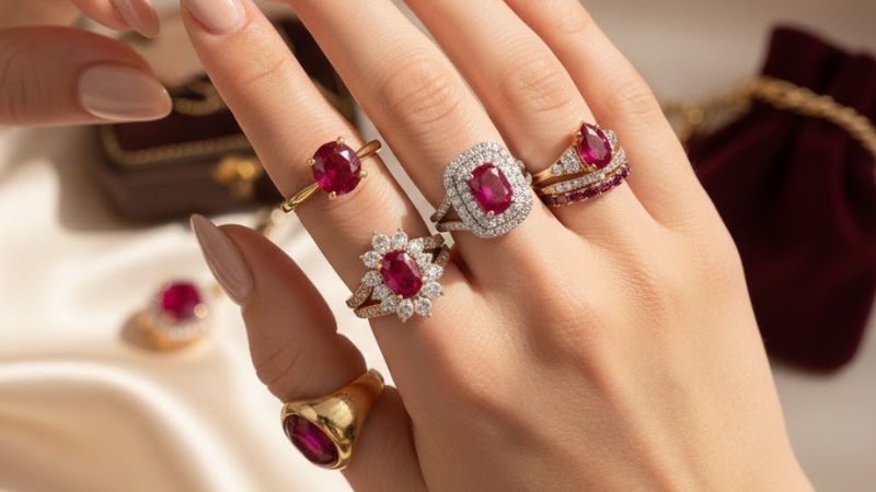 hand wearing several ruby rings