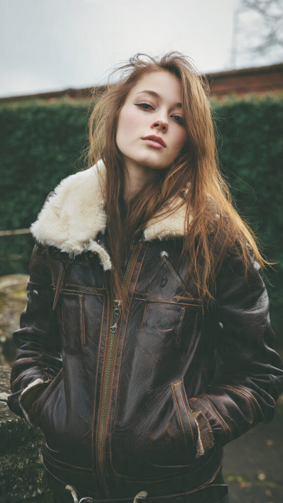Strawberry blond wearing a version of  Leather aviator jackets 