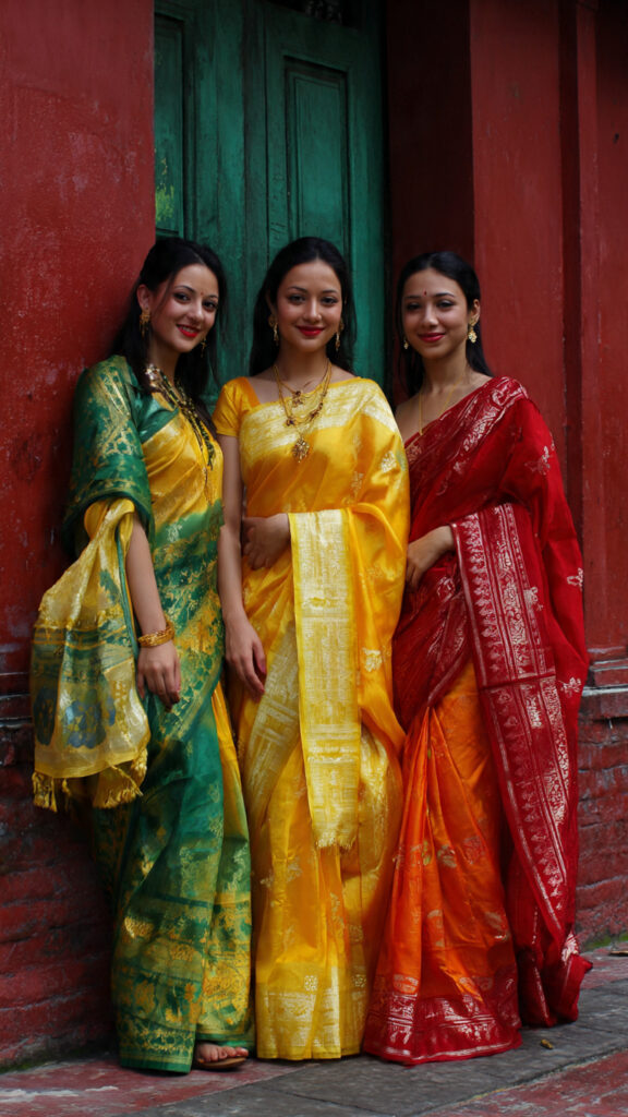 Three models wearing different color Bengali Silk Sarees in green, yellow and red