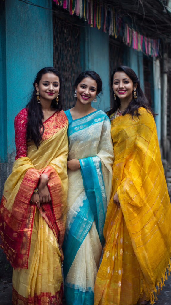 3 Models each wearing a Bengali Silk Saree in a different color including blue and white, yellow and red, and yellow