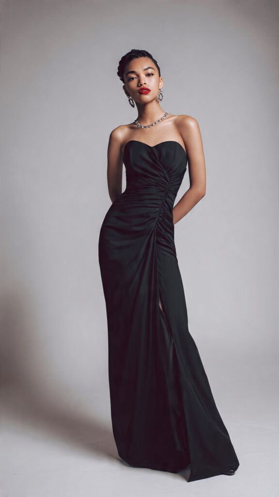 Model wearing formal dresses black off the shoulder full length 