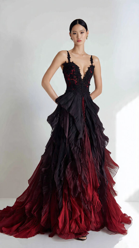 Model wearing deep bugundy full length dress with plunging V neckline