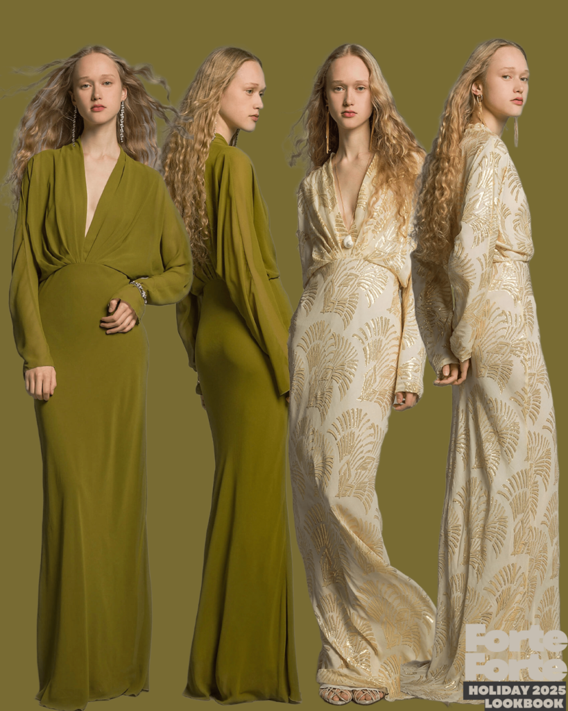 model in two different outfits green full length dress with plunging neckline and white full length dress 