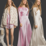 Model in 3 outfits pink full length dress, white full length dress and pink shorts with lingere style top and white knit coat Forte Forte Let’s Sparkle Holiday 2025 Lookbook