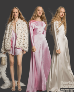 Model in 3 outfits pink full length dress, white full length dress and pink shorts with lingere style top and white knit coat Forte Forte Let’s Sparkle Holiday 2025 Lookbook