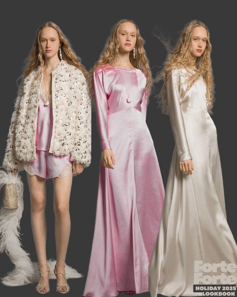 Model in 3 outfits pink full length dress, white full length dress and pink shorts with lingere style top and white knit coat Forte Forte Let’s Sparkle Holiday 2025 Lookbook