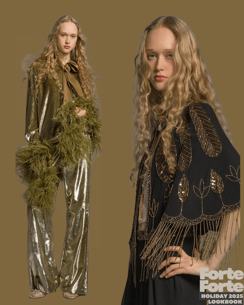 Model in gold metalic pants suit and black with gold trim top 