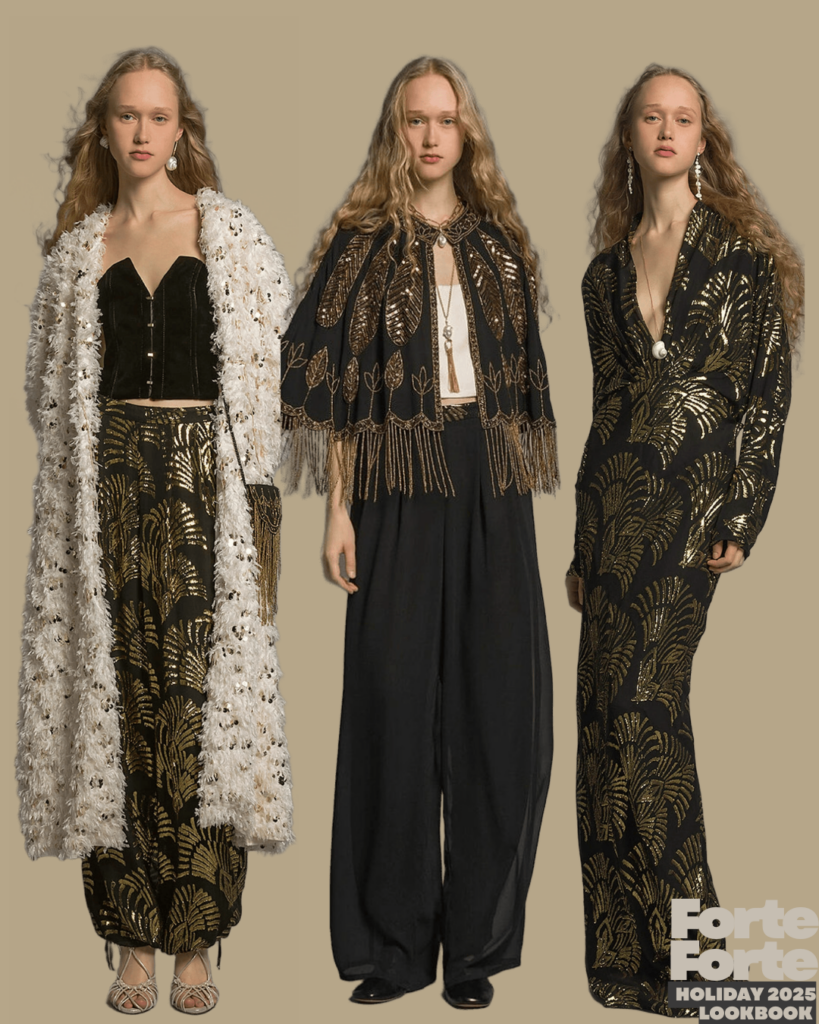Forte Forte Let’s Sparkle Holiday 2025 Lookbook 3 models in a link skirt with crop top and full length swaeter, in oversized slacks and mid length sweater and full length drress