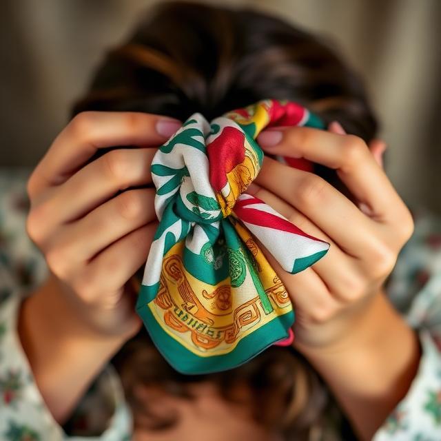 Hands holding multi colored scarf over head
