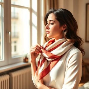 Model wearting brown and white scarf