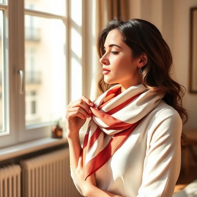 Model wearting brown and white scarf