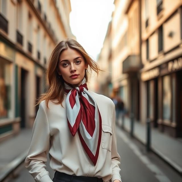 Model wearing maroon and gray scarf