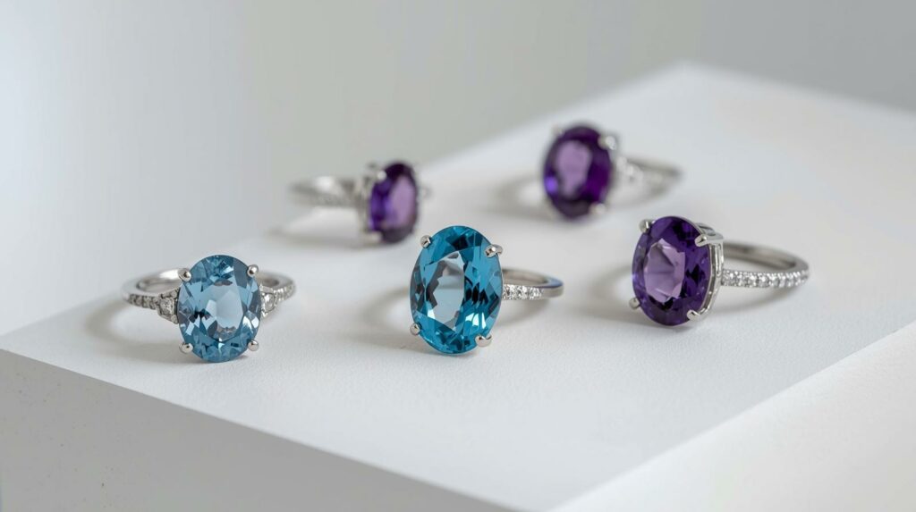 aquamarine and amethyst rings