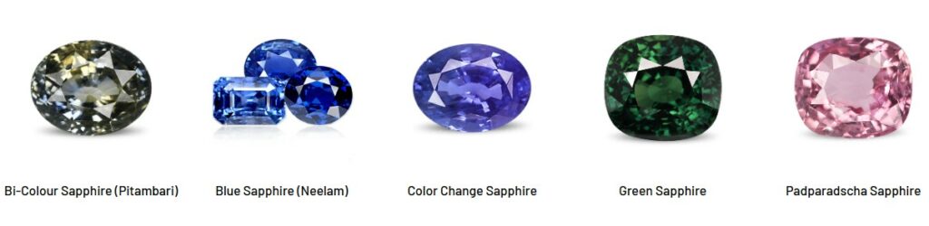 5 examples of September Birthstone Sapphire including , blue, color change, Bi-colour and green