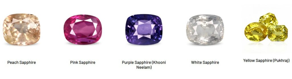 Peach saphire, pink Sapphire, purple saphire, white saphire, and yellow saphire