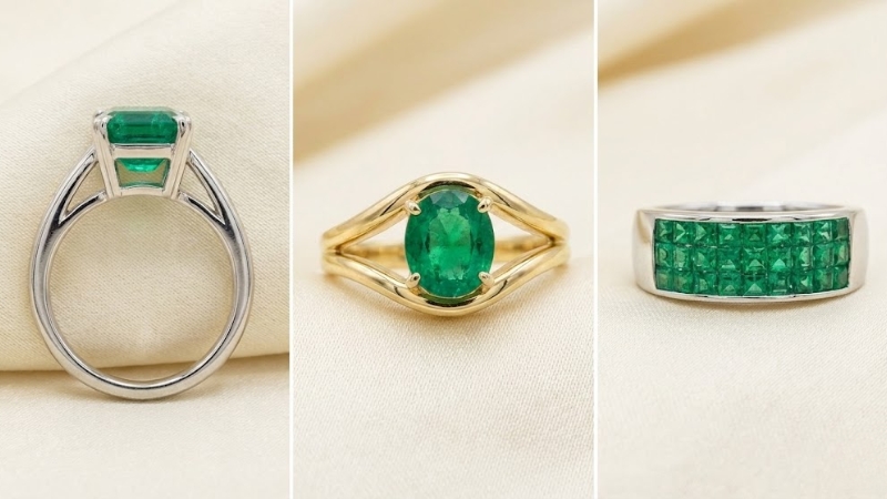 a collage of different style of emerald ring