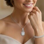 A woman wearing diamond jewelry