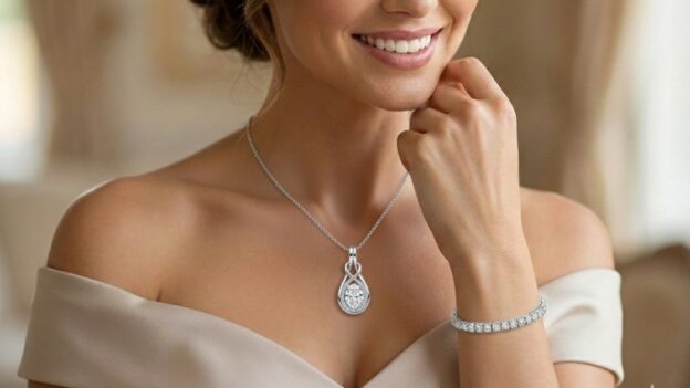 A woman wearing diamond jewelry