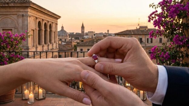 two hands with ruby engagement rings