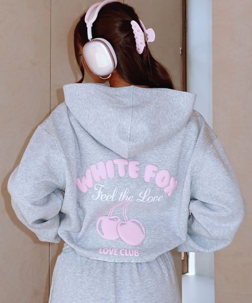 White Fox hoodie gray with pink graphics