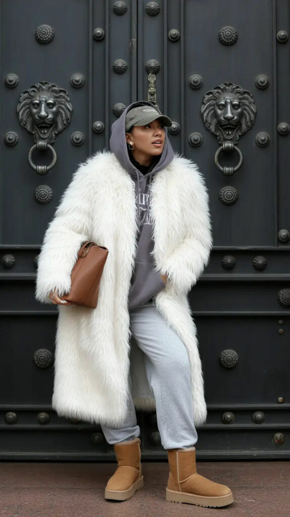 Model wearing Long faux fur winter coat 