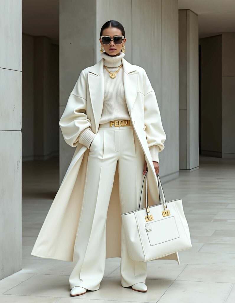 Model in white turtleneck sweater, with white slacks and white full legth coat