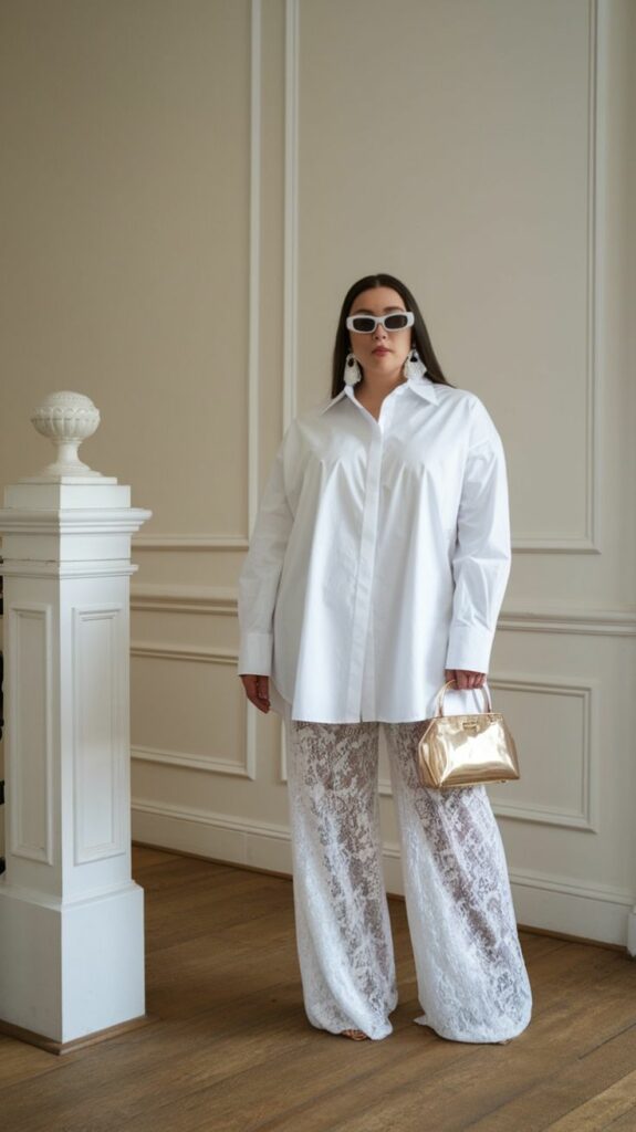 Model in sheer oversized pants and oversized dress shirt 