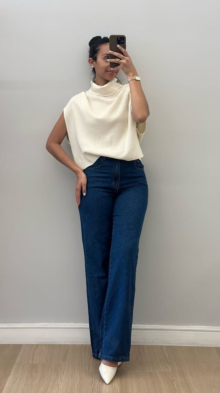 cream top + fitted jeans