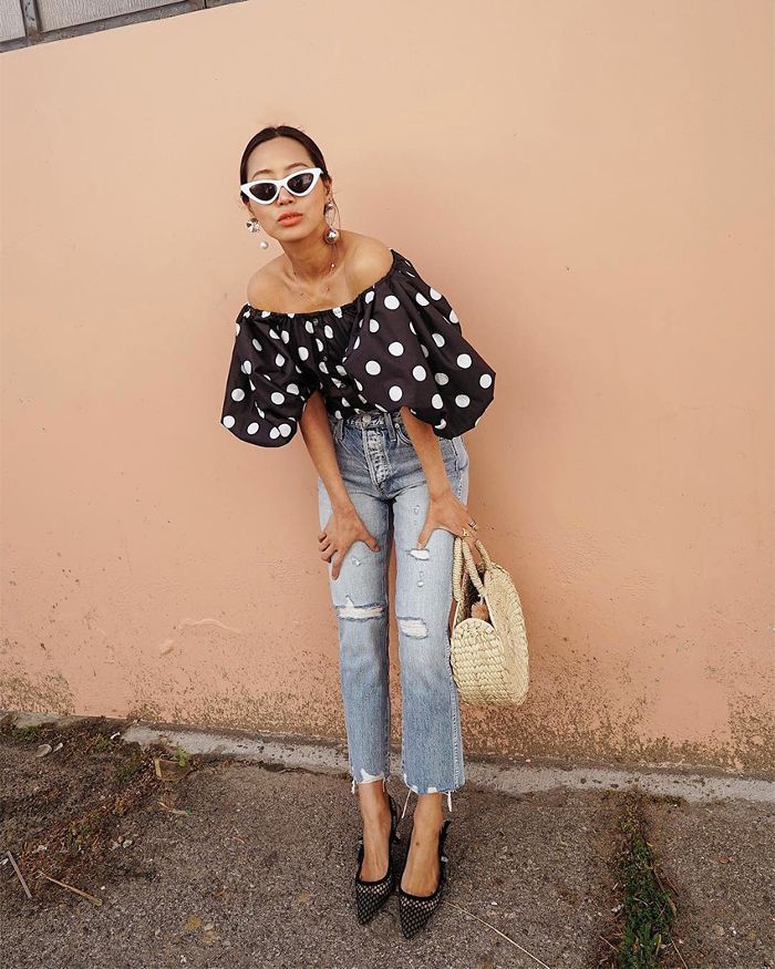 Women’s Fashion Trends - Ripped Denim Jeans + Polka dots off-shoulder top