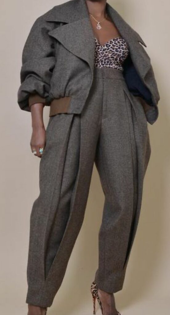 Gray tweed puff trousers with matching blazer