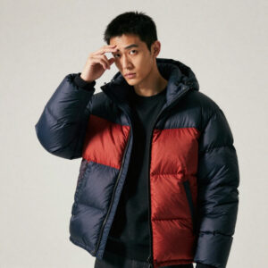 model is wearing red and blue puffer jacket