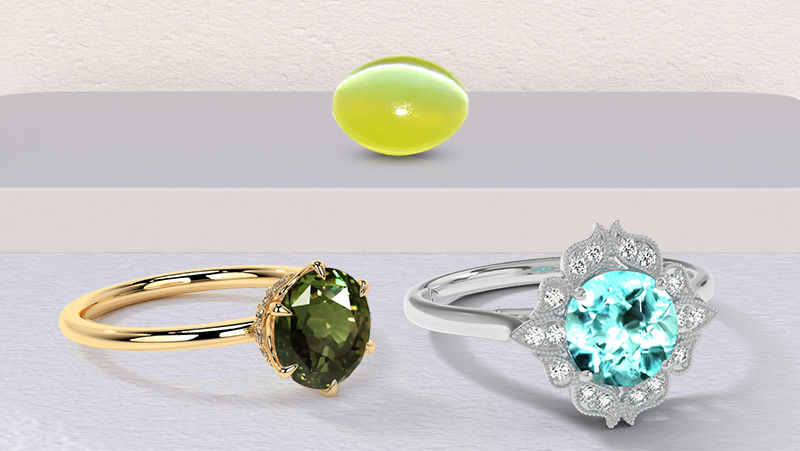 collage featuring alexandrite ring, cat’s eye gem, Paraiba tourmaline ring